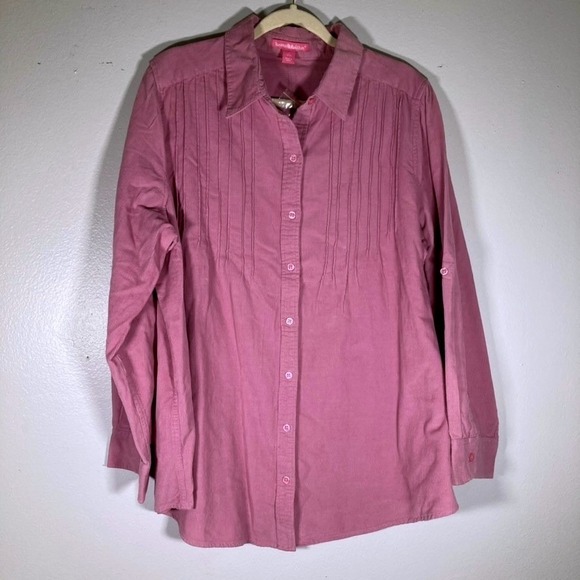 Woman Within Tops - Woman Within L Pink Corduroy Button Down Shirt Pleated Bib Roll Tab Sleeve